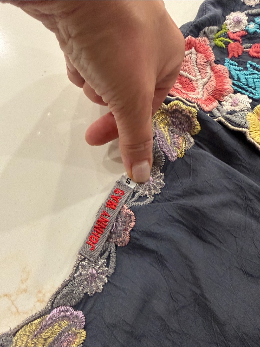 Johnny Was Navy Embroidered Boho Tunic with Floral Yoke - Picture 4 of 5